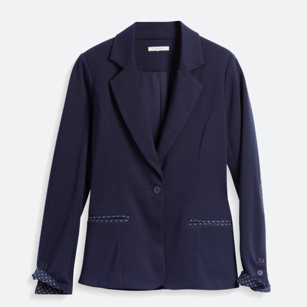 Medium below waist soft navy dress jacket. Good for office, dinner, or fall day.